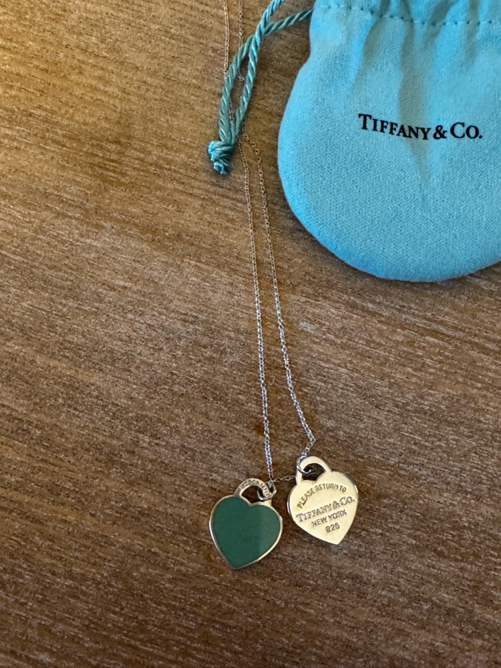 Tiffany & Co. Silver Heart Necklace with Teal Enamel and Gold-Tone Heart Charm